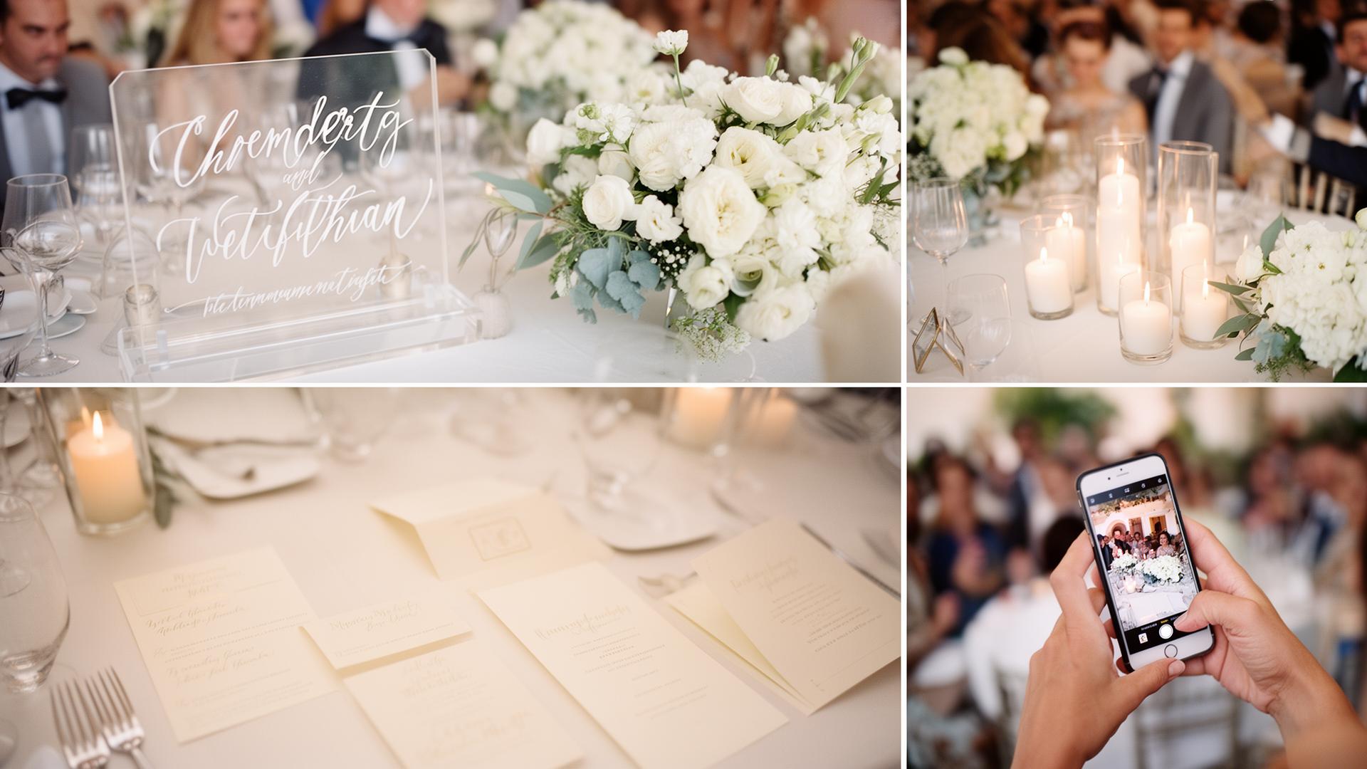 Editorial mockup grid of luxury wedding QR signage, table cards, floral tags and acrylic signs