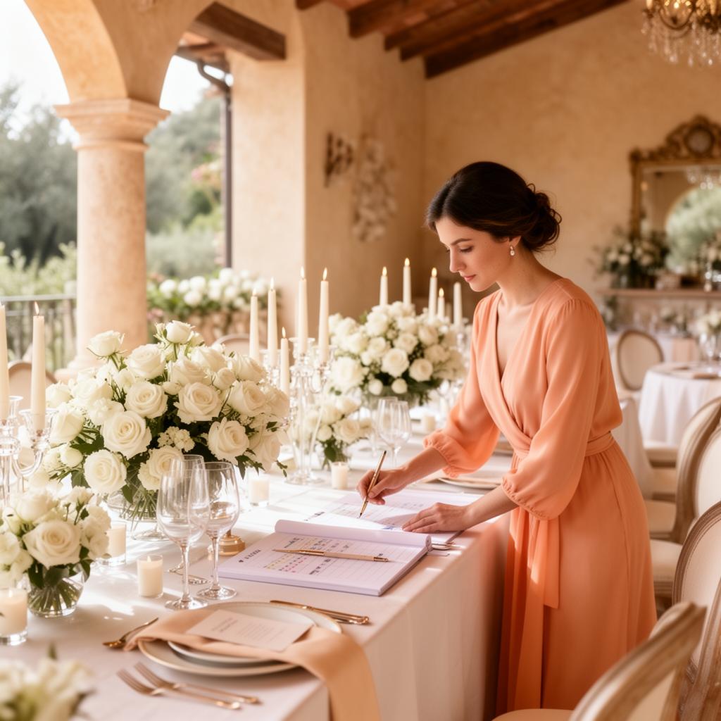Wedding planner styling an elegant Mediterranean reception table with an acrylic QR sign